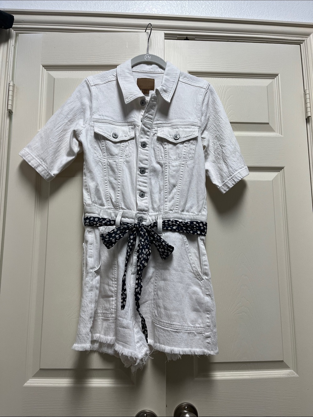 American Eagle Outfitters White Denim Romper with Black Floral Belt